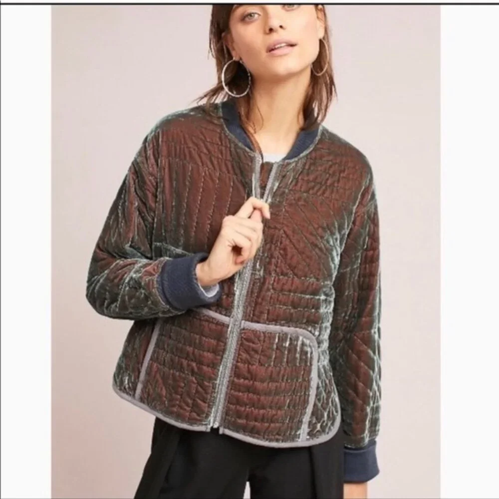 Anthropologie Hei Hei Velvet Relaxed Quilted Jacket Grey XS - Picture 2 of 10